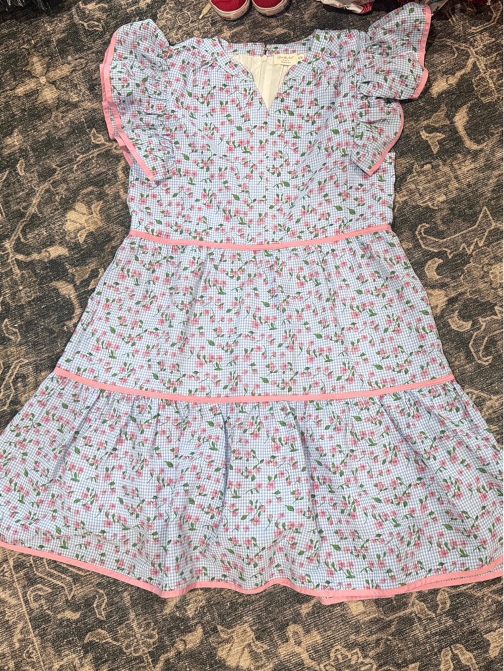 Shop the Mint Girls 12/14 Light Blue Floral Ruffle Sundress with Pink Trim
